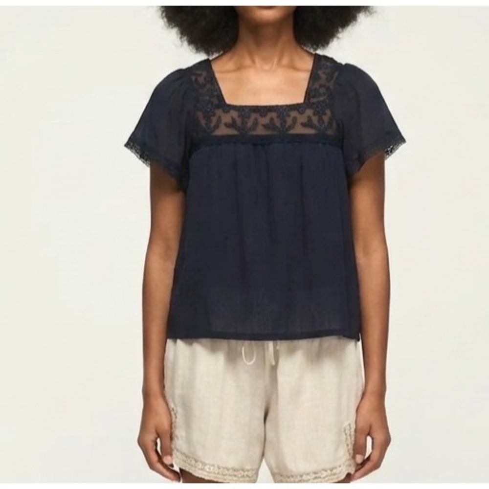 LUCKY BRAND Womens Mesh Lace Square Neck SPELLBOUND Navy Size L